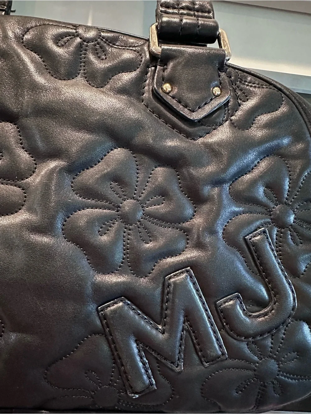 Vintage Marc Jacobs Black Leather Floral Quilted Tote Shoulder Bag